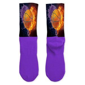 Men's Custom Purple Basketball Fire Water Handpressed Design Athletic Socks